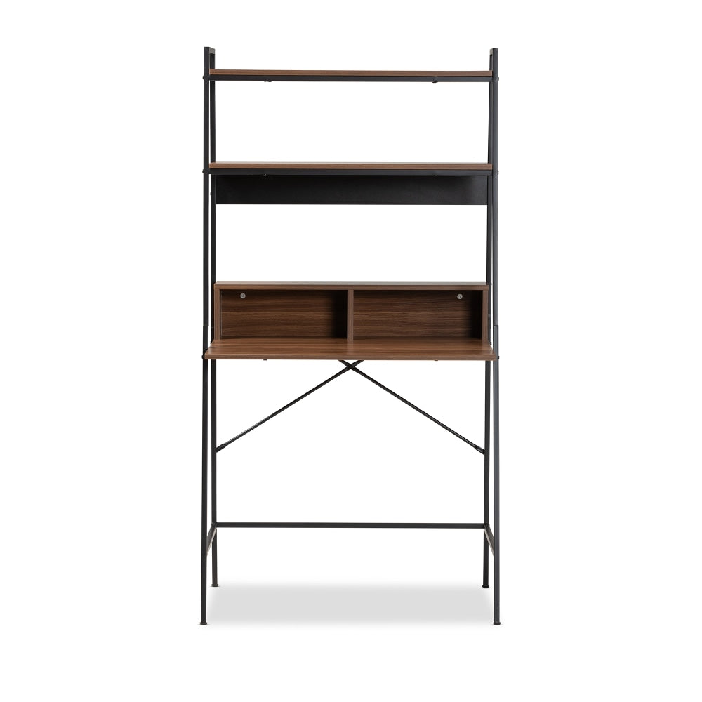 Baxton Studio Palmira 33inW Modern Industrial 33inW Writing Desk With Shelves, Walnut Brown/Black