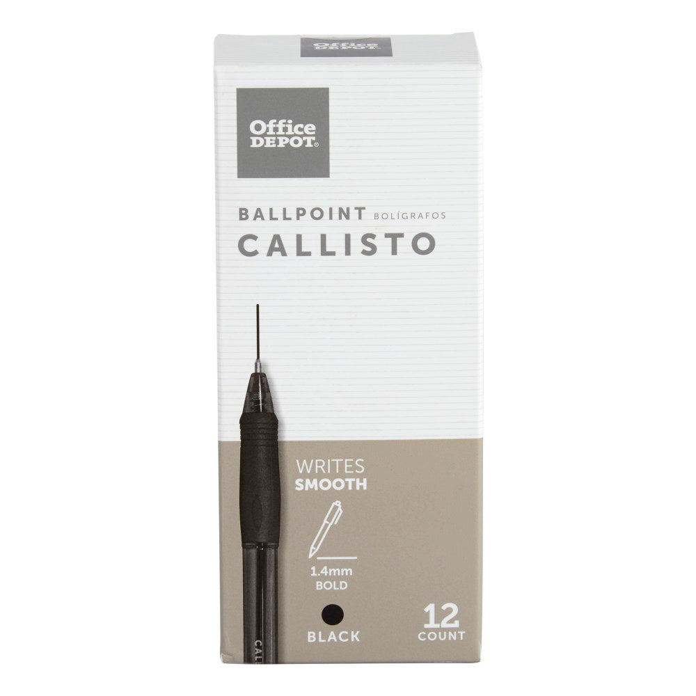 Office Depot Brand Callisto Soft-Grip Retractable Ballpoint Pens, Bold Point, 1.4 mm, Clear Barrel, Black Ink, Pack Of 12