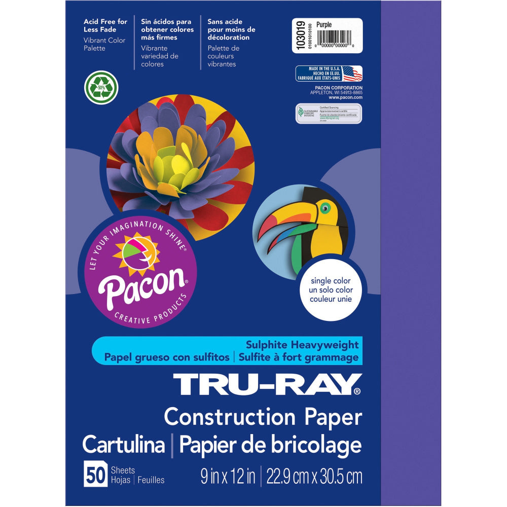 Tru-Ray Construction Paper, 50% Recycled, 9in x 12in, Purple, Pack Of 50