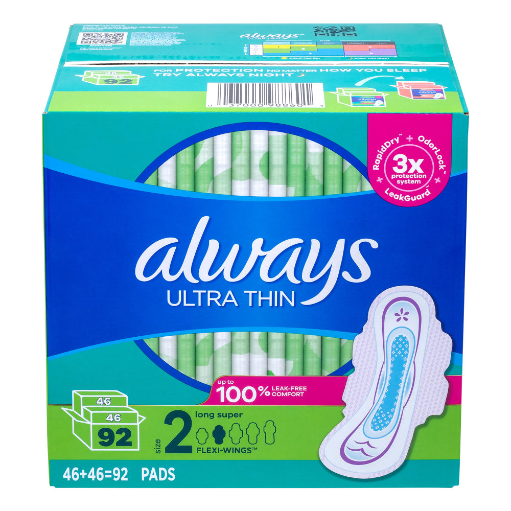 Always Ultra Thin Long Super Pads, Size 2, Box Of 92 Pads