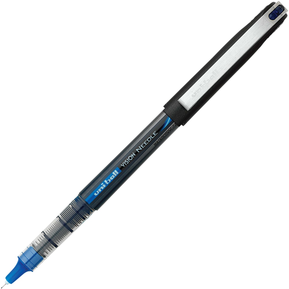 uni-ball Vision Needle Liquid Ink Rollerball Pens, Micro Point, 0.5 mm, Black Barrel, Blue Ink, Pack Of 12