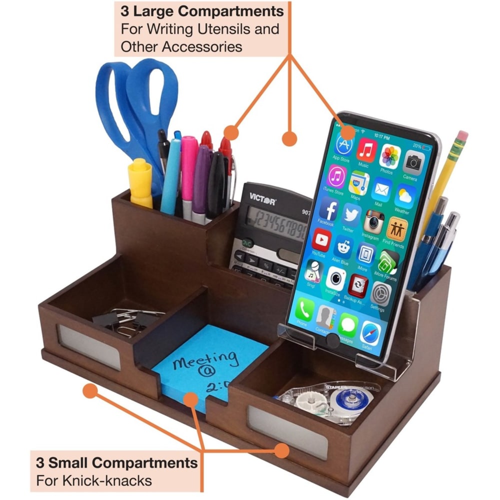 Victor Heritage Wood H9525 Desk Organizer - 6 Compartment(s) - 5.5in Height x 10.4in Width x 3.5in Depth - Desktop - Wood Grain - Wood, Acrylic, Frosted Glass - 1 Each