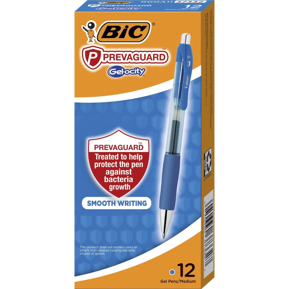 BIC PrevaGuard Gel-ocity Gel Pens, Pack Of 12, Medium Point, 0.7 mm, Blue Barrel, Blue Ink