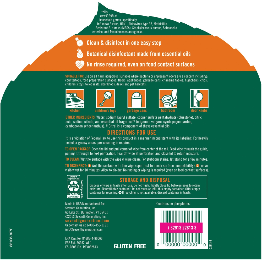 Seventh Generation Disinfecting Wipes, Lemongrass Scent, 70 Wipes Per Canister, Pack Of 6 Canisters