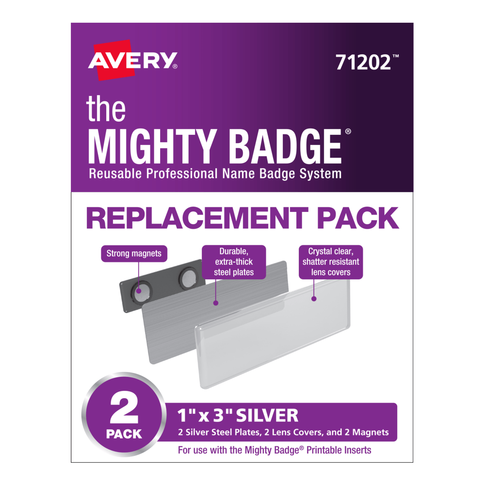 Avery 71202 The Mighty Badge Professional Replacement Name Badges, 1in x 3in, Silver, Pack Of 2 Badges