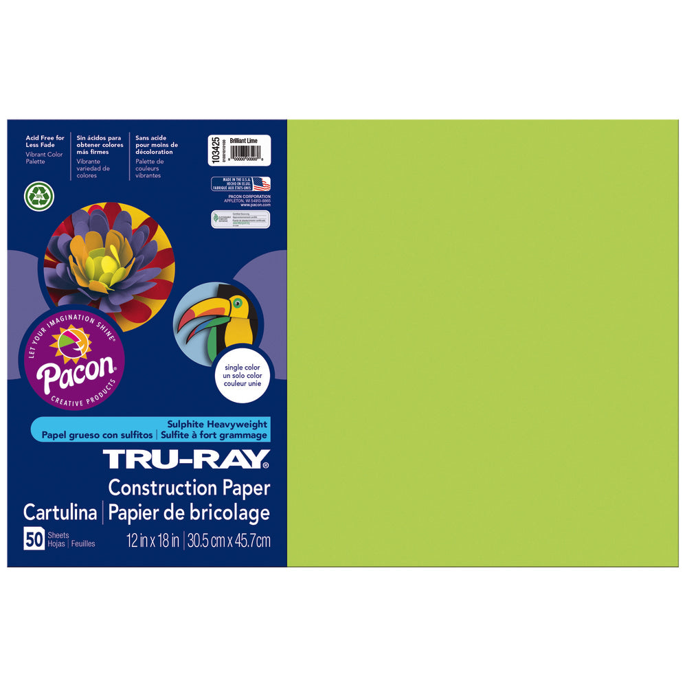 Tru-Ray Construction Paper, 50% Recycled, 12in x 18in, Brilliant Lime, Pack Of 50