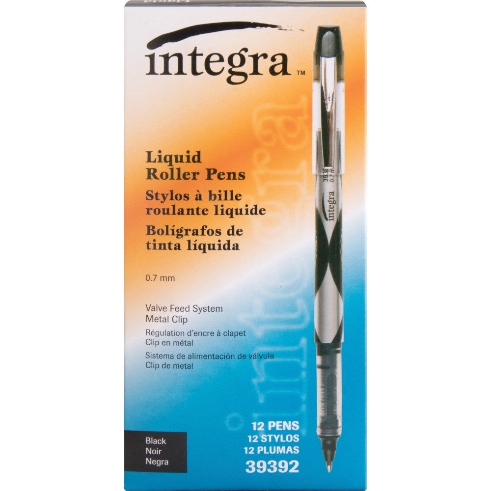 Integra Liquid Ink Rollerball Pens - Fine Pen Point - 0.7 mm Pen Point Size - Black - Black Barrel - 12 / Dozen