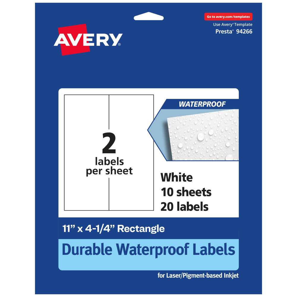 Avery Waterproof Permanent Labels, 94266-WMF10, Rectangle, 11in x 4-1/4in, White, Pack Of 20