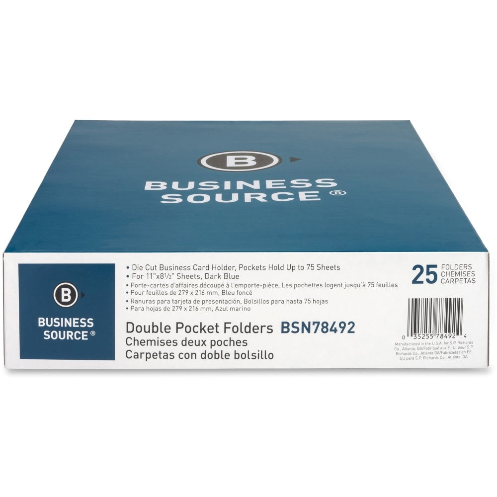 Business Source Letter Recycled Pocket Folder - 8 1/2in x 11in - 100 Sheet Capacity - 2 Inside Front & Back Pocket(s) - Paper - Dark Blue - 35% Recycled - 25 / Box