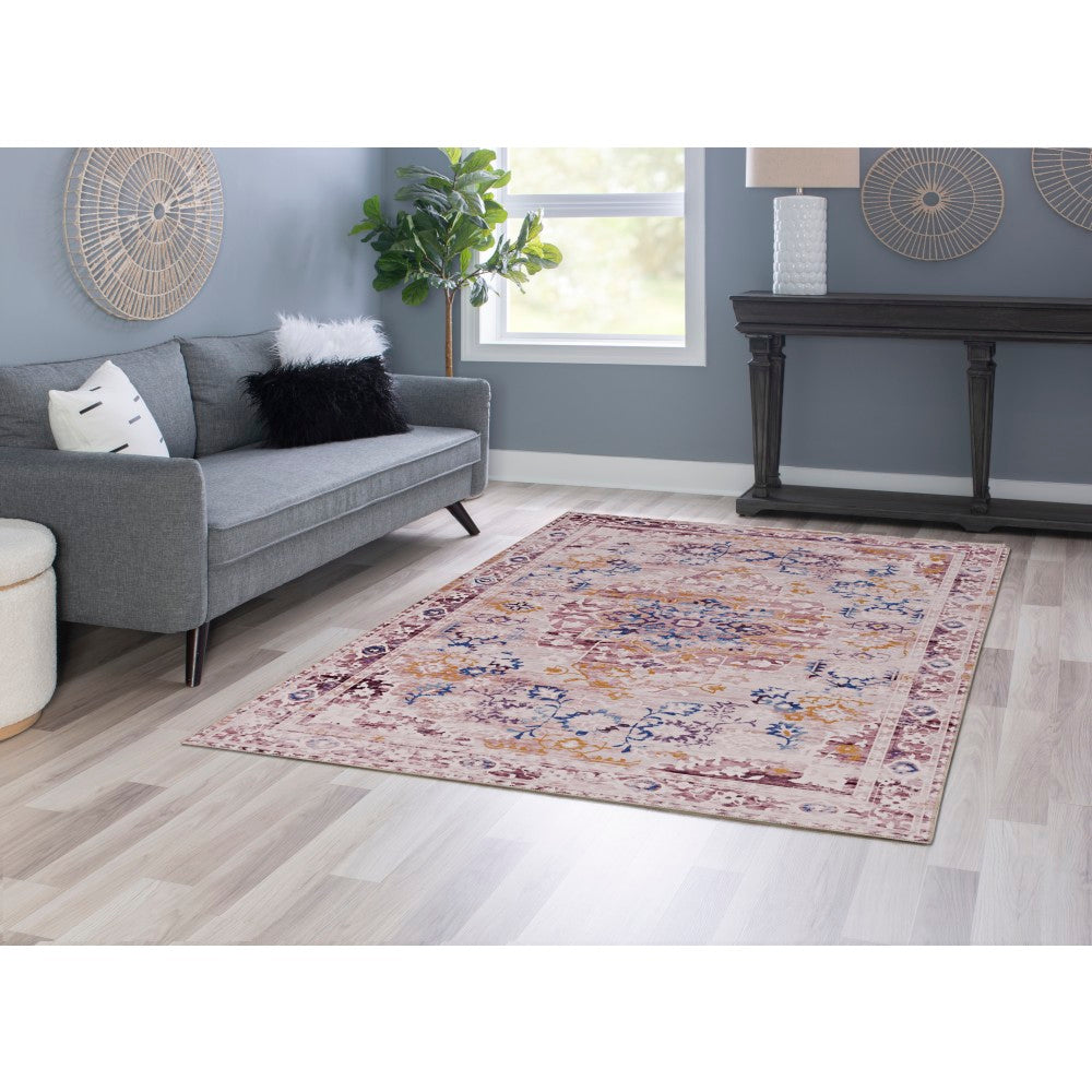 Linon Washable Area Rug, 5ft x 7ft, Treville Pink/Gold