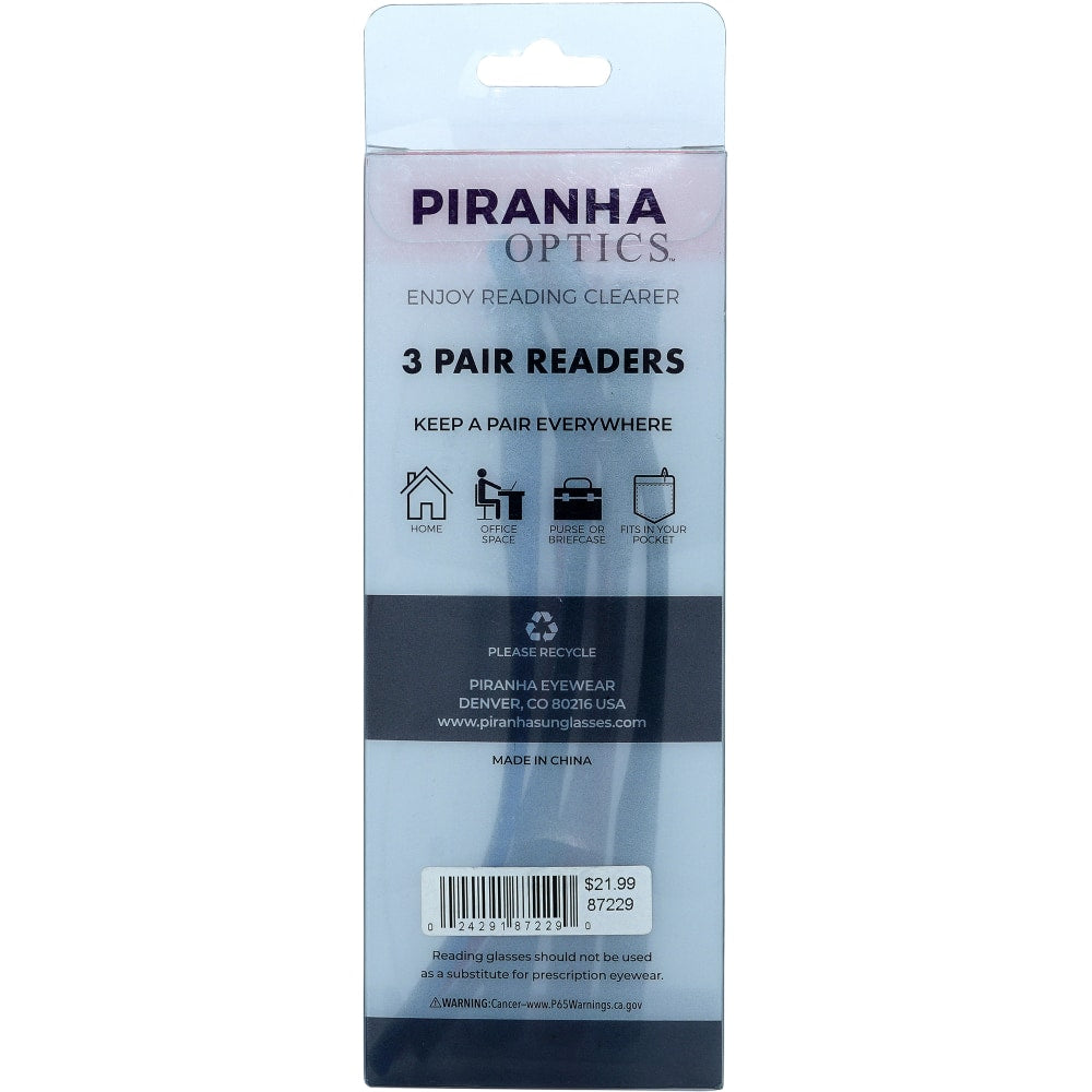 Piranha Unisex Tri-Pack Readers, Black/Red/Blue, +1.50, 3 Readers Per Pack, Case Of 60 Packs