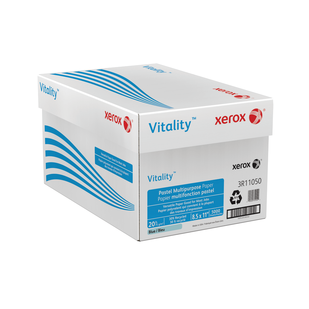 Xerox Vitality Pastel Color Multi-Use Printer & Copy Paper, Blue, Letter (8.5in x 11in), 5000 Sheets Per Case, 20 Lb, FSC Certified, 30% Recycled, Case Of 10 Reams