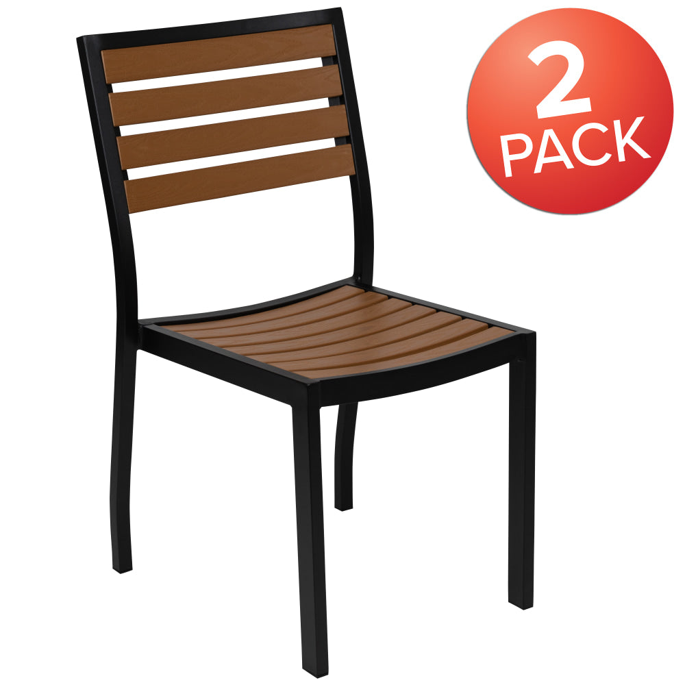 Flash Furniture Lark Outdoor Faux Teak Poly Slat Armless Side Chairs, Teak/Black, Set Of 2 Chairs