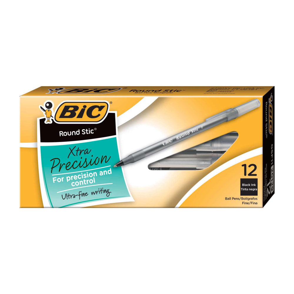 BIC Round Stic Ballpoint Pens, Fine Point, 0.8 mm, Translucent Barrel, Black Ink, Pack Of 12