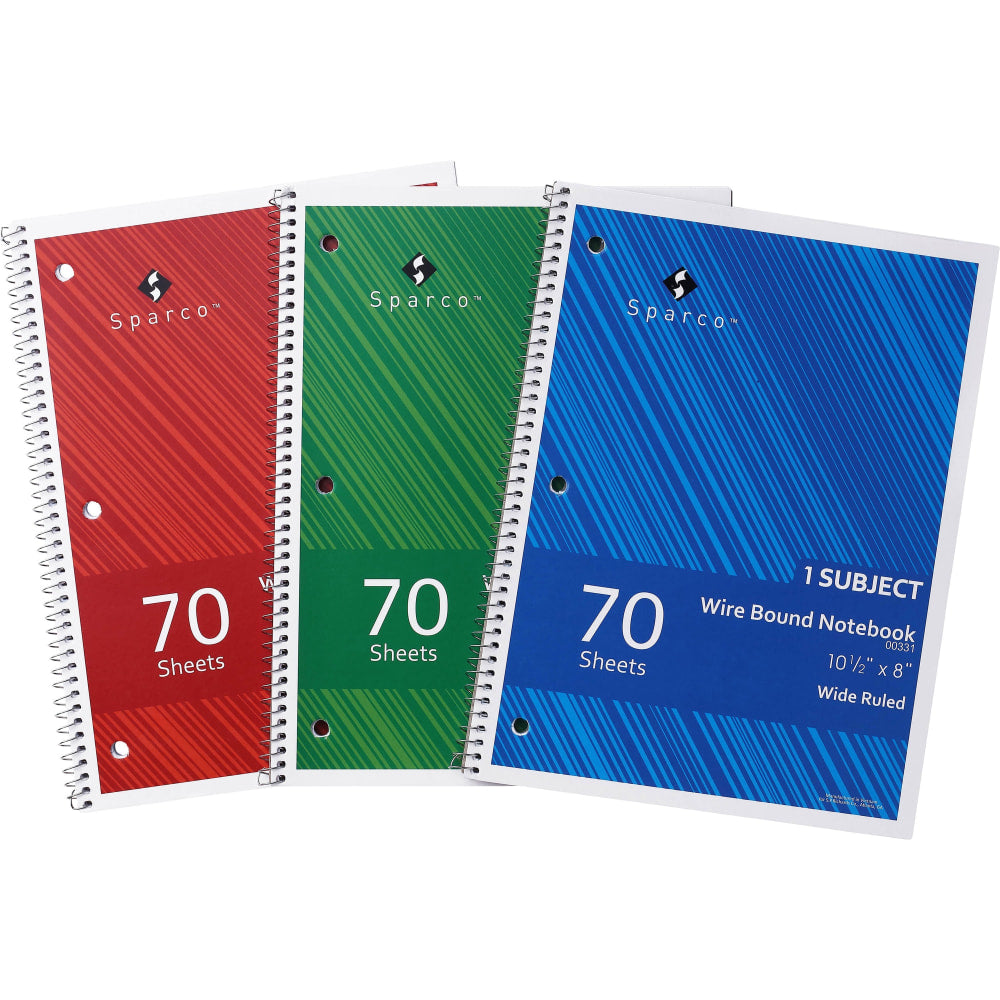 Sparco Wirebound Notebooks, 8 x 10 1/2in, Wide Ruled, 70 Sheets, Assorted Colors, Pack Of 3