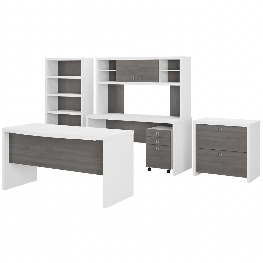 Bush Business Furniture Echo 60inW Bow-Front Computer Desk, Credenza With Hutch, Bookcase And File Cabinets, Pure White/Modern Gray, Standard Delivery