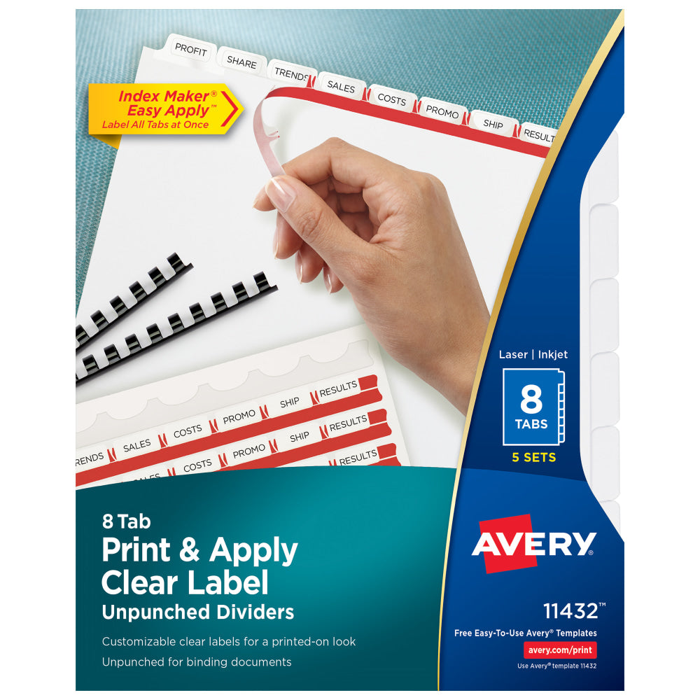 Avery Print & Apply Clear Label Dividers With Index Maker Easy Apply Printable Label Strip And White Tabs, 8-Tab, Box Of 5 Sets