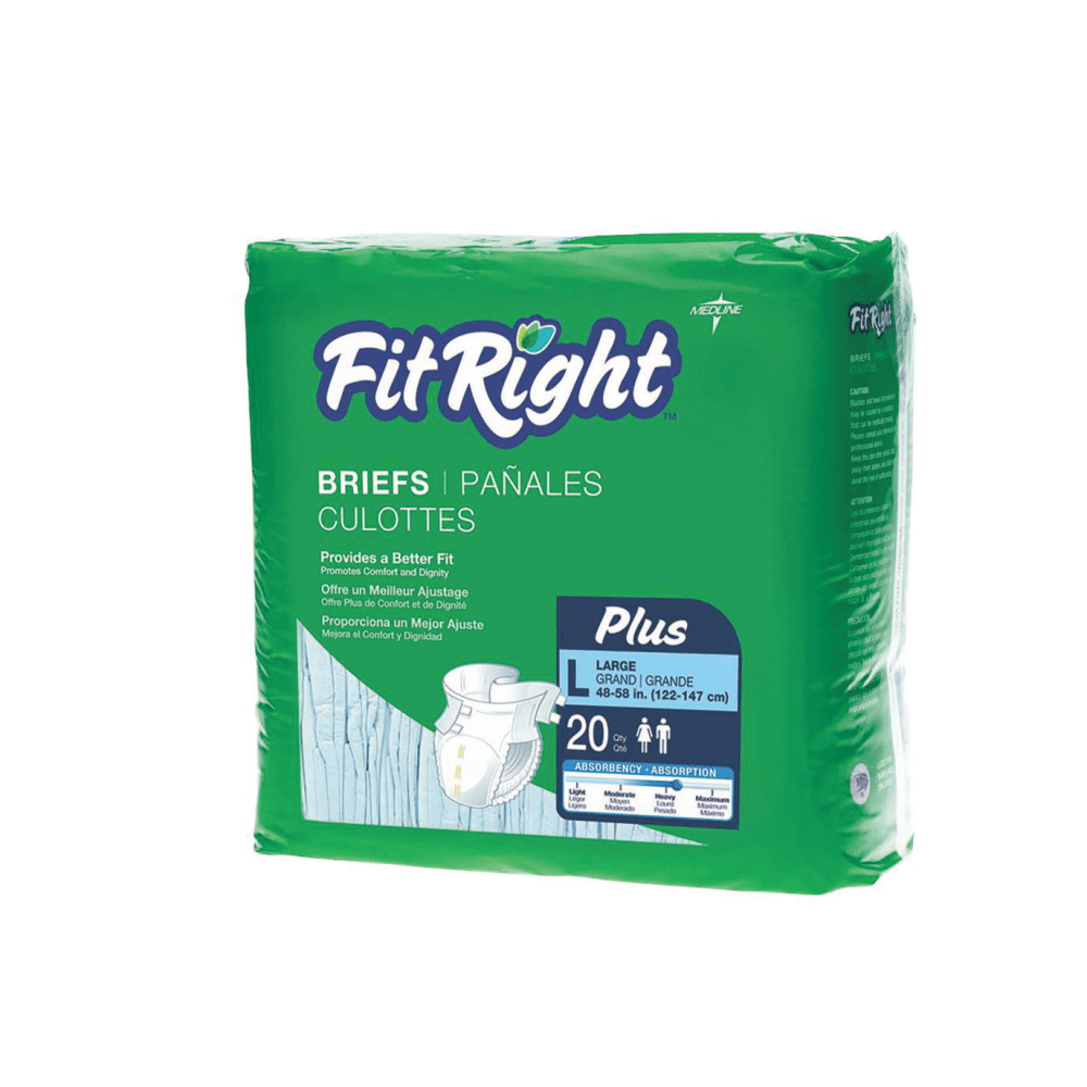 FitRight Plus Disposable Briefs, Large, 48 - 58in, Blue, 20 Briefs Per Bag, Case Of 4 Bags