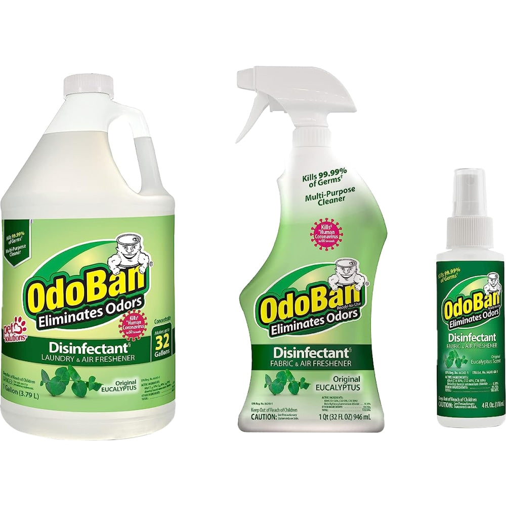 OdoBan Ready-To-Use Disinfectant And Odor Eliminator, Original Eucalyptus Scent, 4 Oz Travel Spray/32 Oz Spray/1 Gallon Concentrate