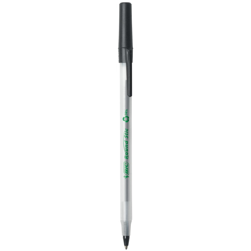 BIC ReVolution Round Stic Pens, Medium Point, 1.0 mm, 74% Recycled, Semi-Clear Barrel, Black Ink, Pack Of 10 Pens