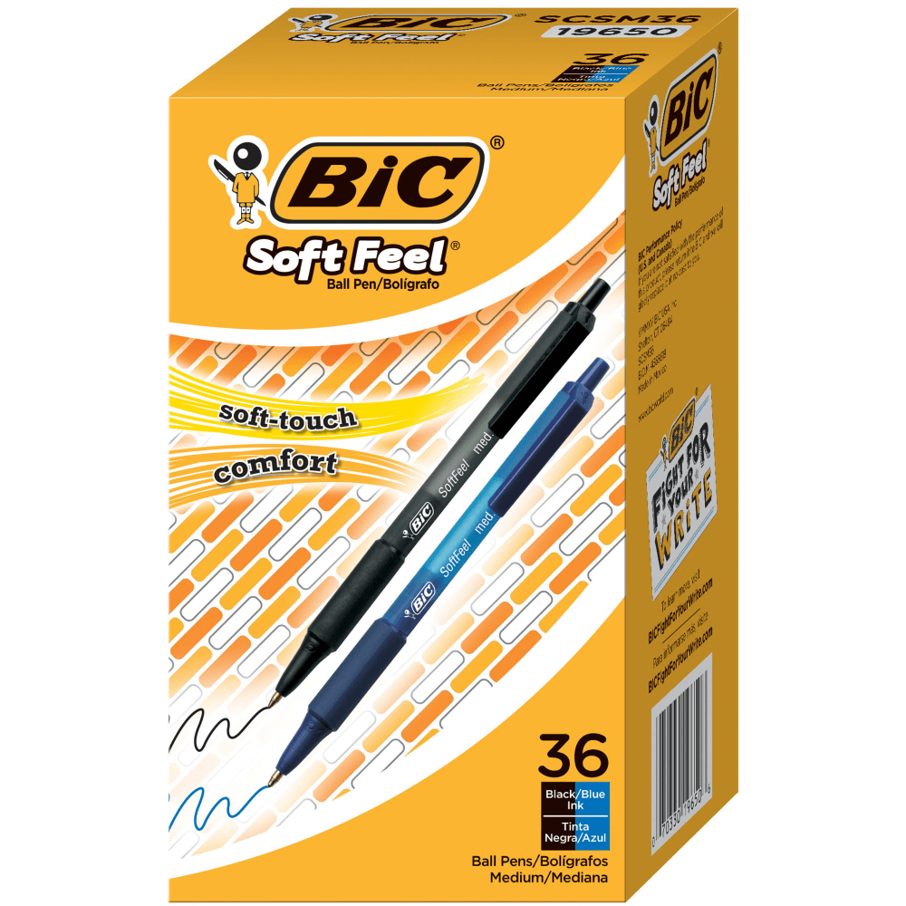 BIC SoftFeel Retractable Ballpoint Pens, Medium Point, 1.0 mm, Assorted Barrels, Assorted Ink Colors, Box Of 36