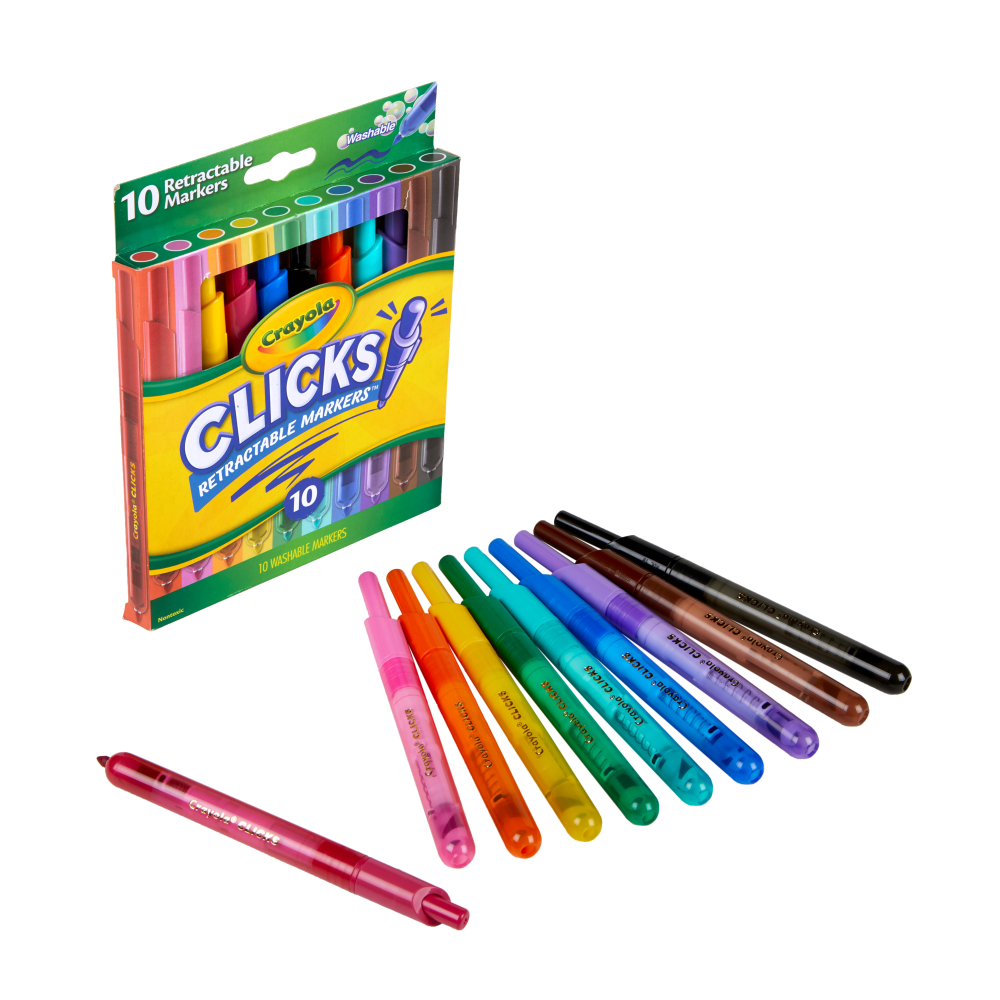 Crayola Washable Markers With Retractable Tips, Conical Tip, Assorted Colors, Pack of 10 Markers