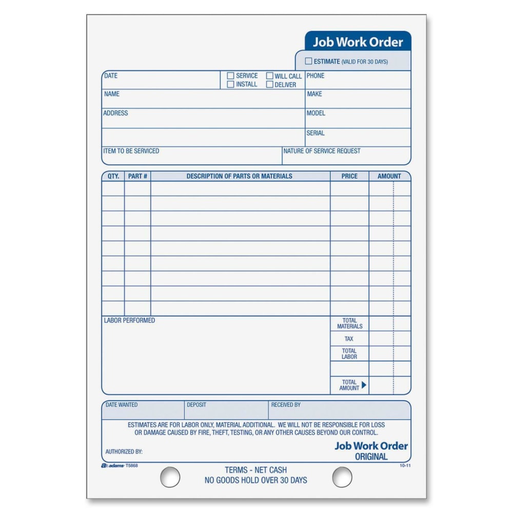 Adams Carbonless Job Work Order Book, 5 9/16in x 8 7/16in, 3-Part, White/Canary/White Tag