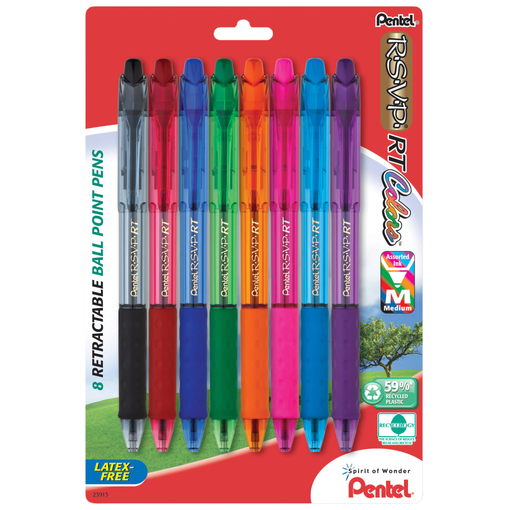 Pentel R.S.V.P. RT Retractable Ballpoint Pens, 1.0 mm, Medium Point, 59% Recycled, Assorted Barrels, Assorted Ink Colors, Pack Of 8