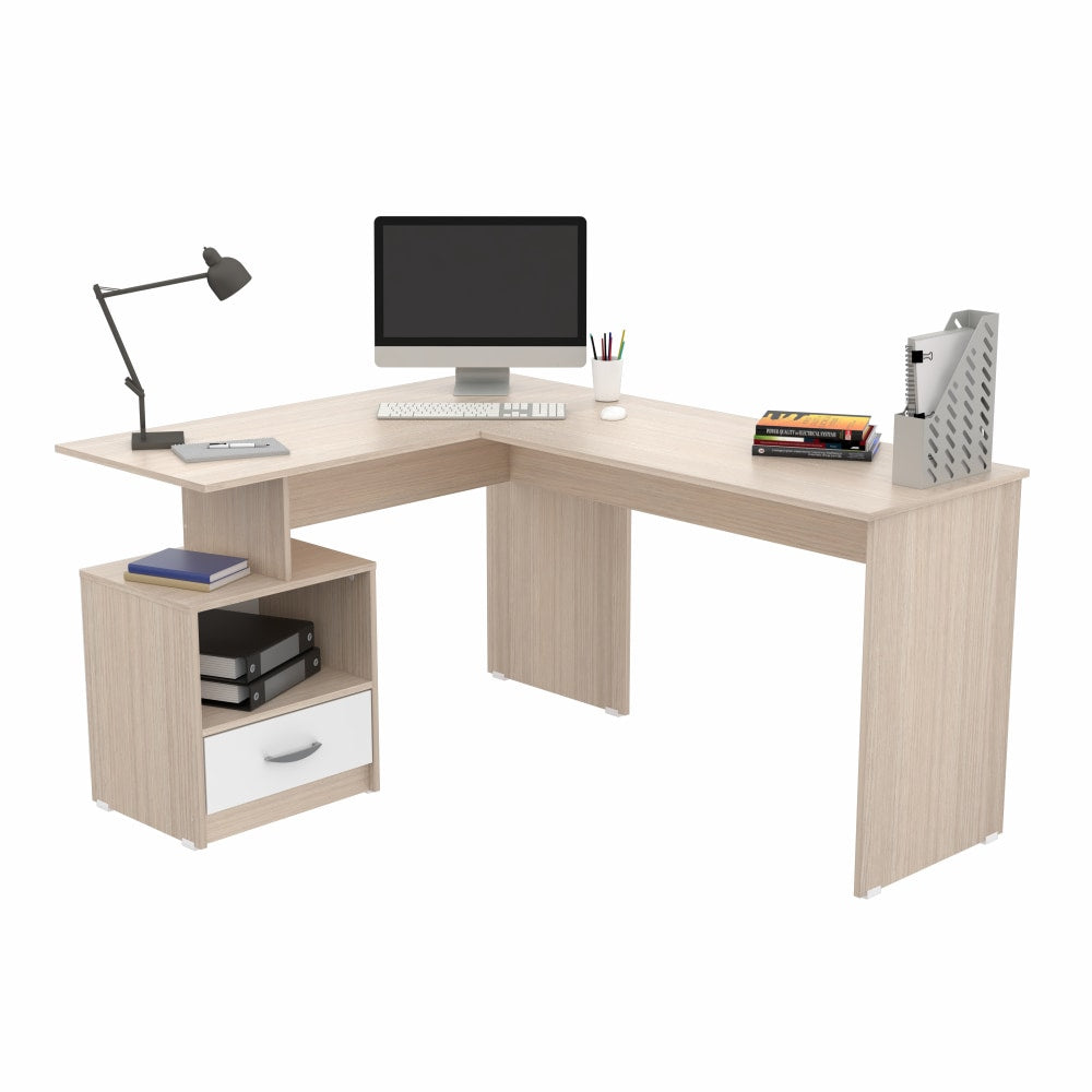 Inval 60inW L-Shaped Corner Desk, Maple/White