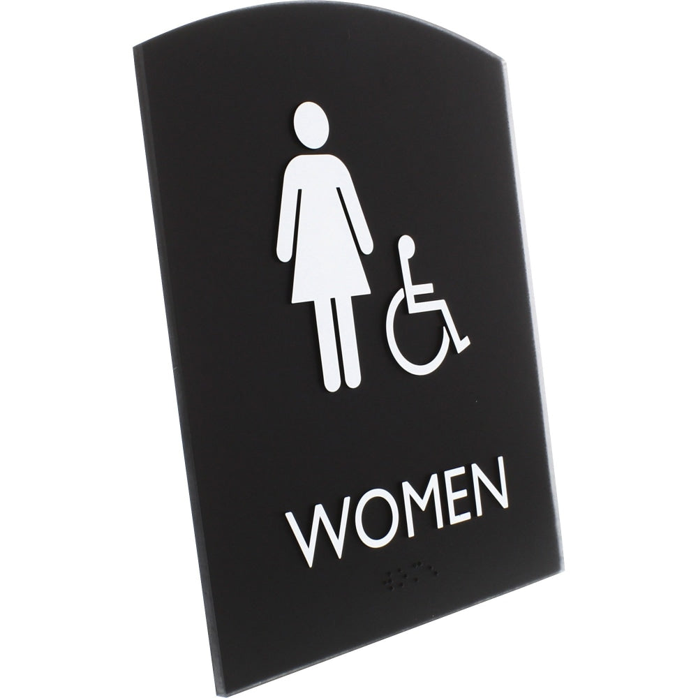 Lorell Arched Womens Handicap Restroom Sign - 1 Each - Women Print/Message - 6.8in Width x 8.5in Height - Rectangular Shape - Surface-mountable - Easy Readability, Braille - Plastic - Black