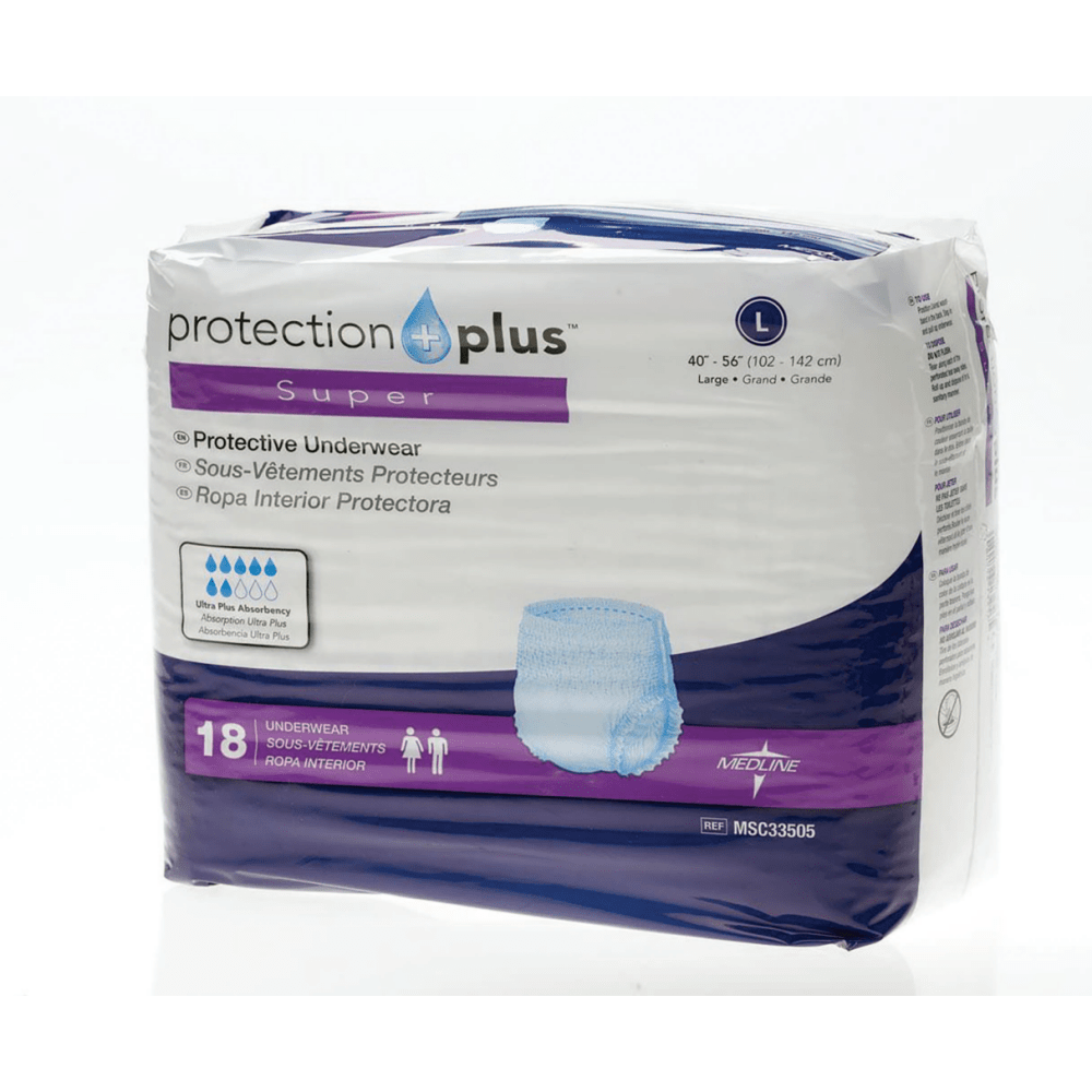 Protection Plus Super Protective Disposable Underwear, Large, 40 - 56in, White, Bag Of 18