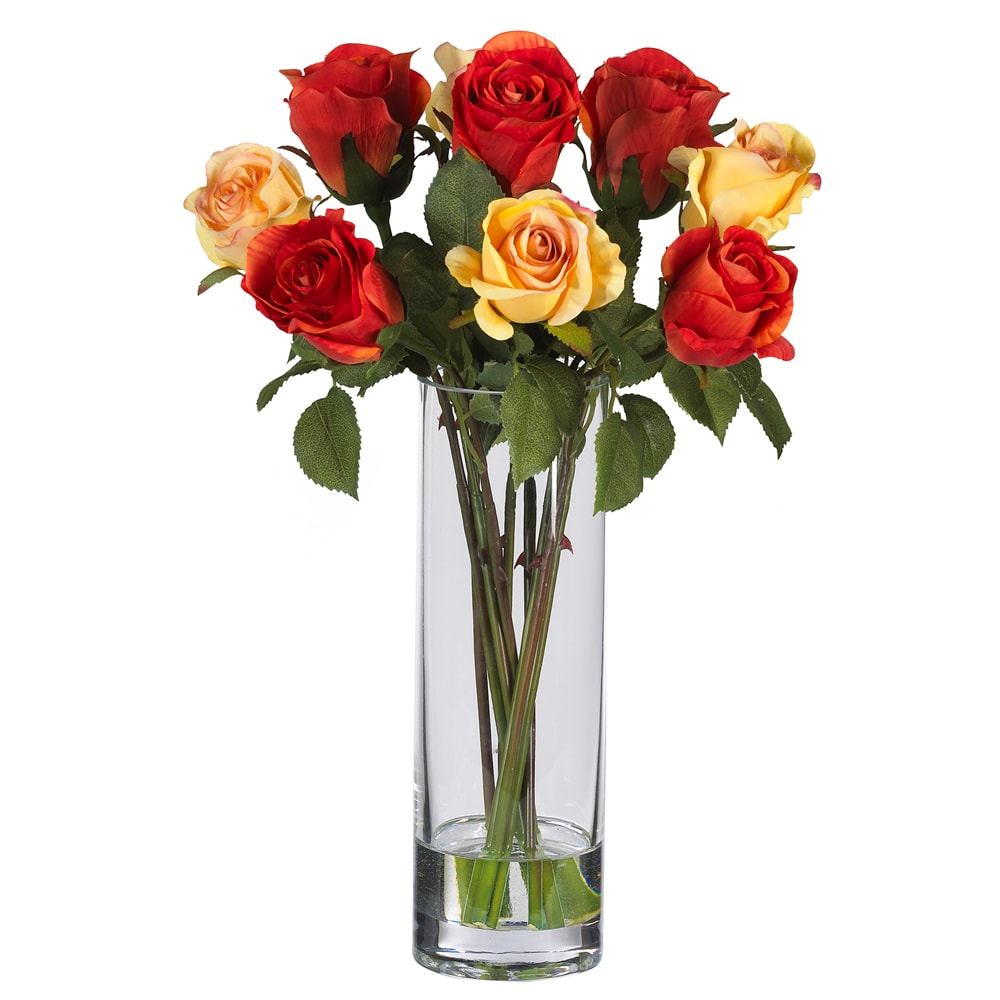 Nearly Natural 16in Silk Roses With Vase, Red/Yellow