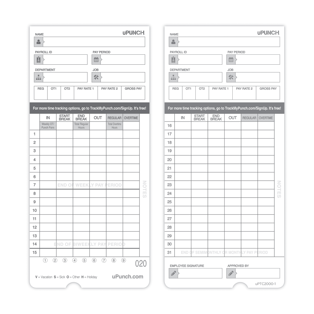 uPunch Time Cards, 2-Sided, 3.5in x 7.5in, Gray, Pack Of 100, HNTCL2100