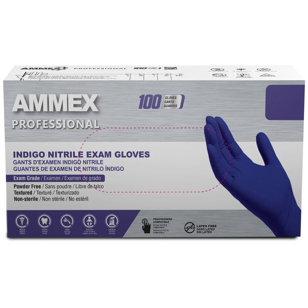 Ammex Professional Indigo Disposable Powder-Free Nitrile Exam Gloves, Small, Box Of 100 Gloves