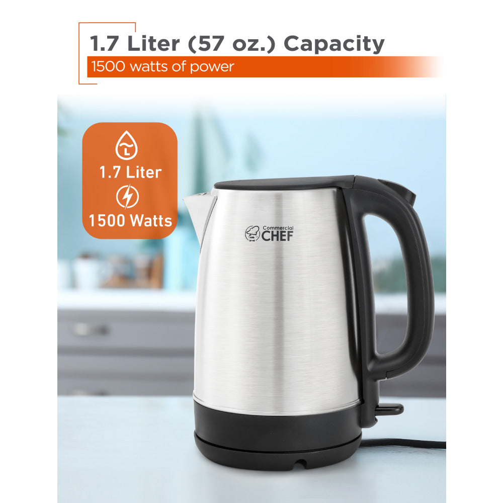 Commercial Chef 1.7L Stainless Steel Cordless Kettle, Silver