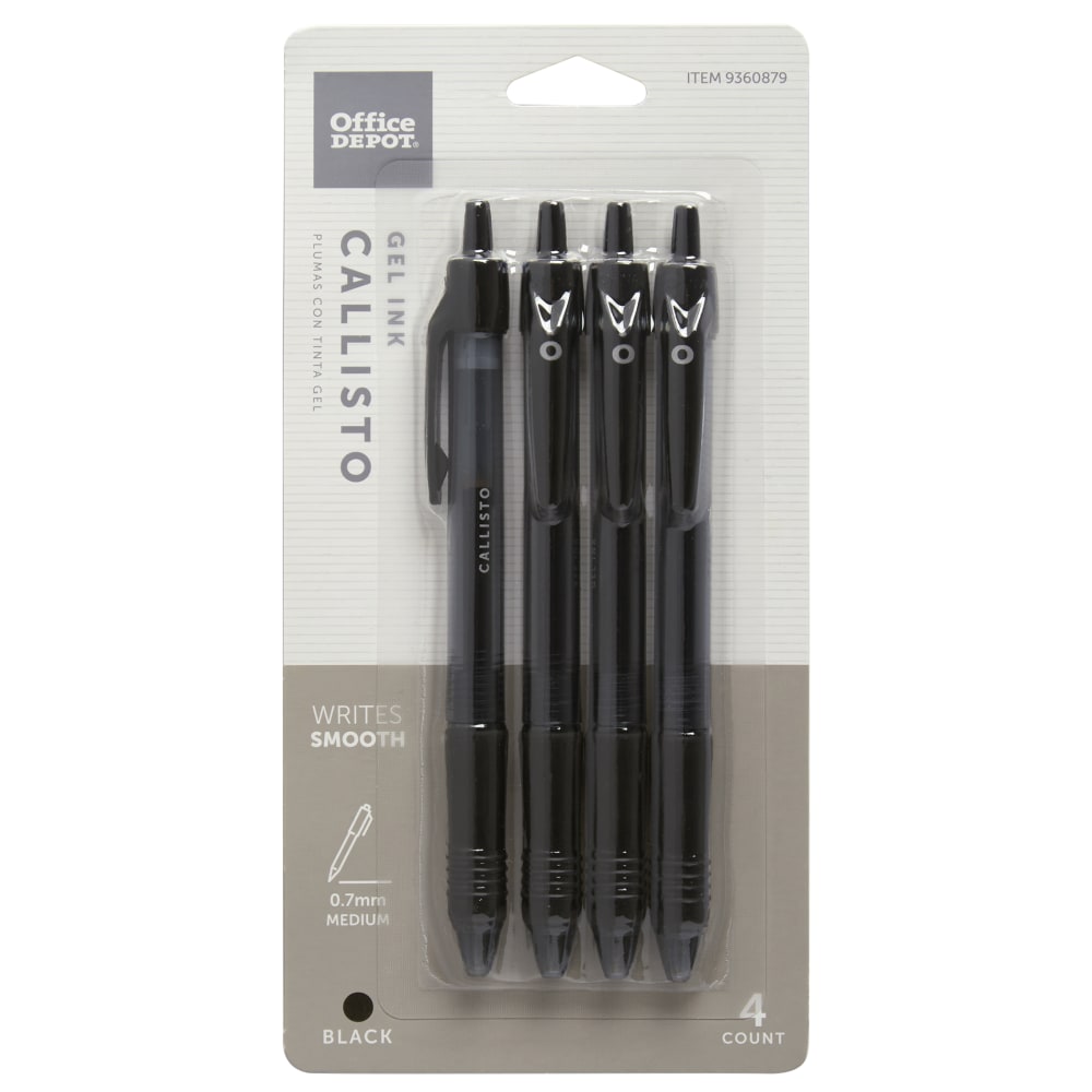 Office Depot Brand Callisto Retractable Gel Ink Pens, Medium Point, 0.7 mm, Black Barrel, Black Ink, Pack Of 4 Pens