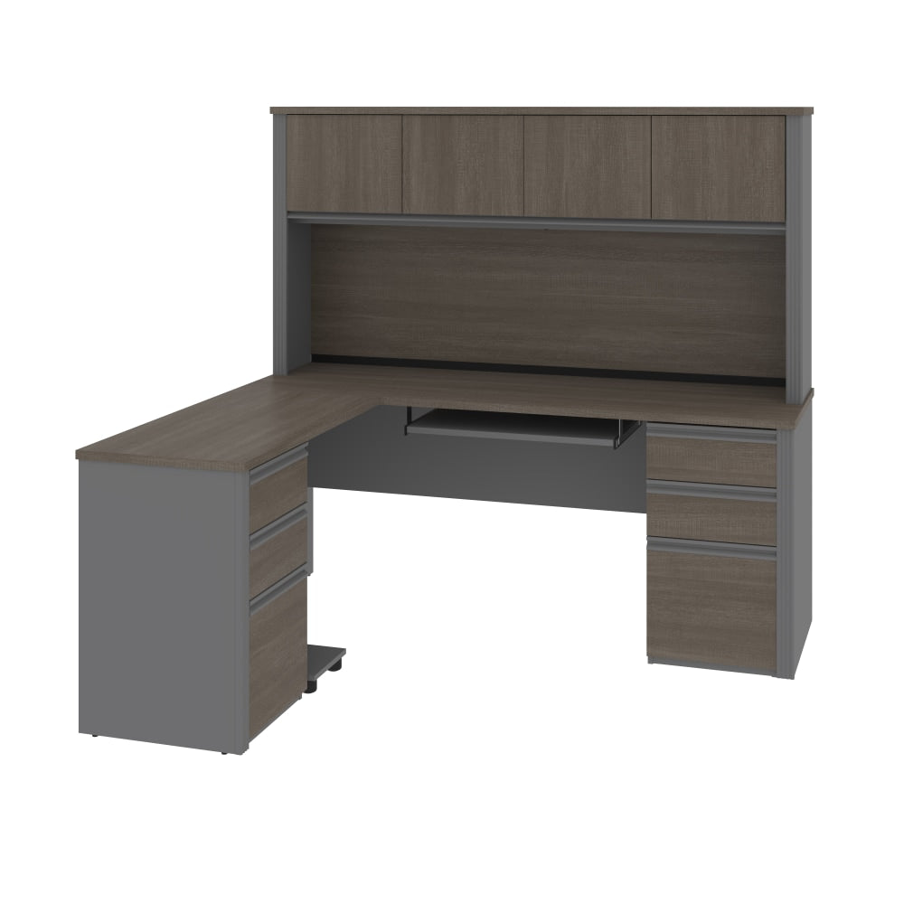 Bestar Prestige + 72inW Modern L-Shaped Corner Desk With 2 Pedestals And Hutch, Bark Gray/Slate