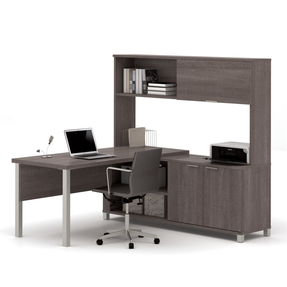 Bestar Pro-Linea 72inW L-Shaped Computer Desk With Metal Legs And Hutch, Bark Gray