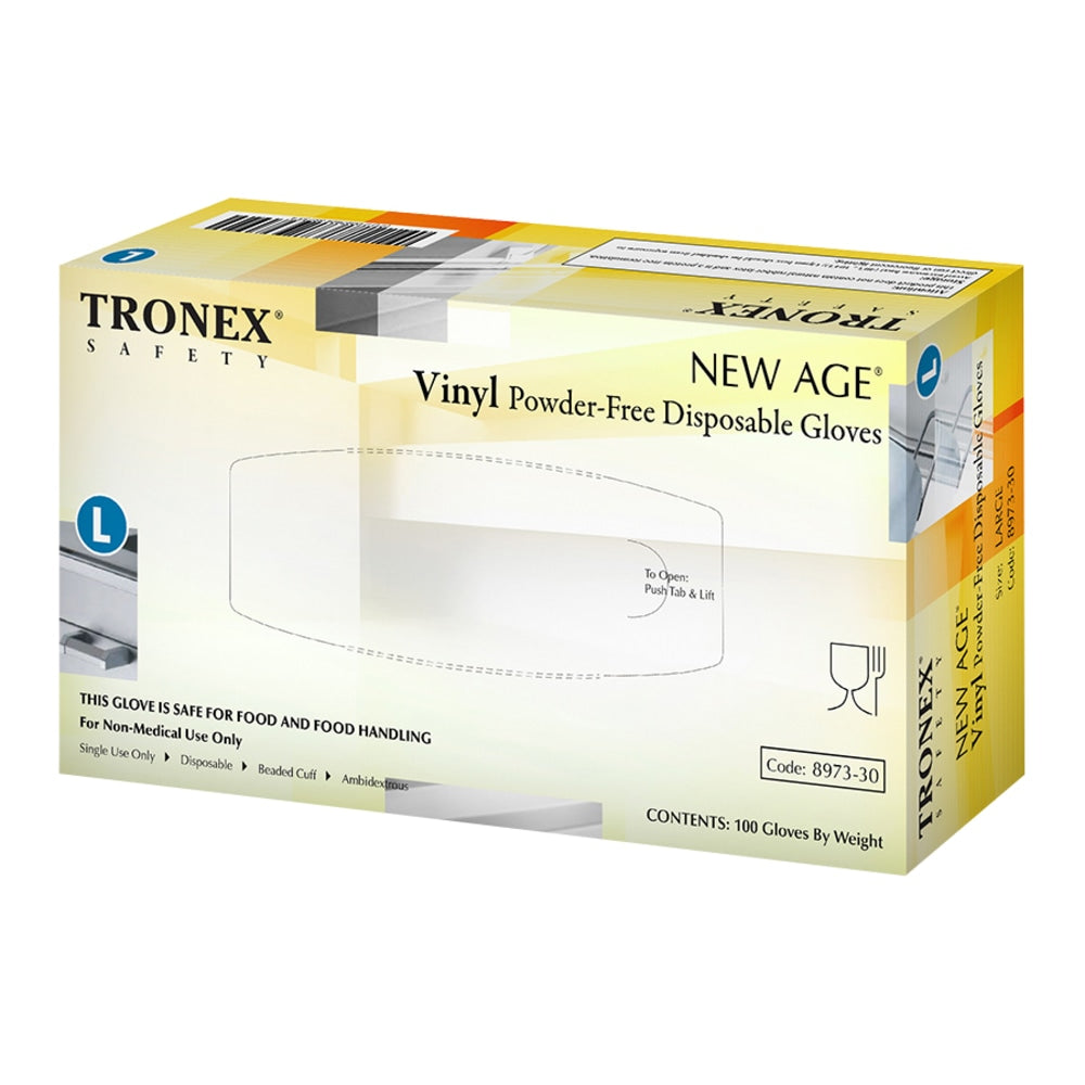 Tronex New Age Disposable Powder-Free Vinyl Gloves, Large, Natural, Pack Of 100