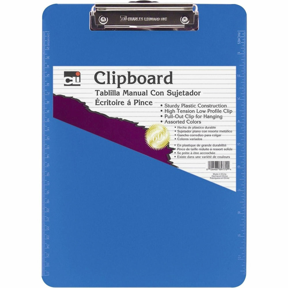 CLI Rubber Grip Plastic Clipboards - 8 1/2in x 11in - Plastic - Neon Blue - 1 Each