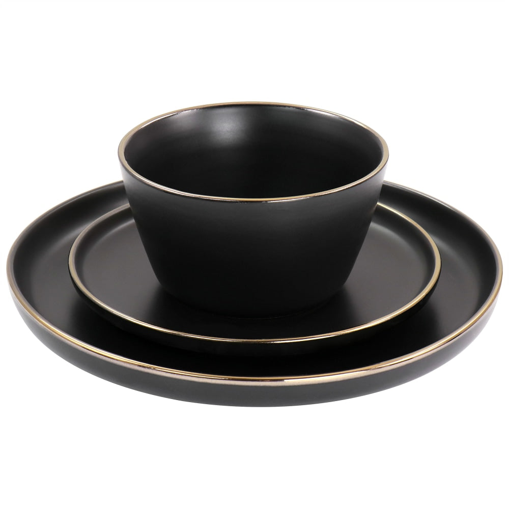 Elama Paul 16-Piece Stoneware Dinnerware Set, Matte Black/Gold