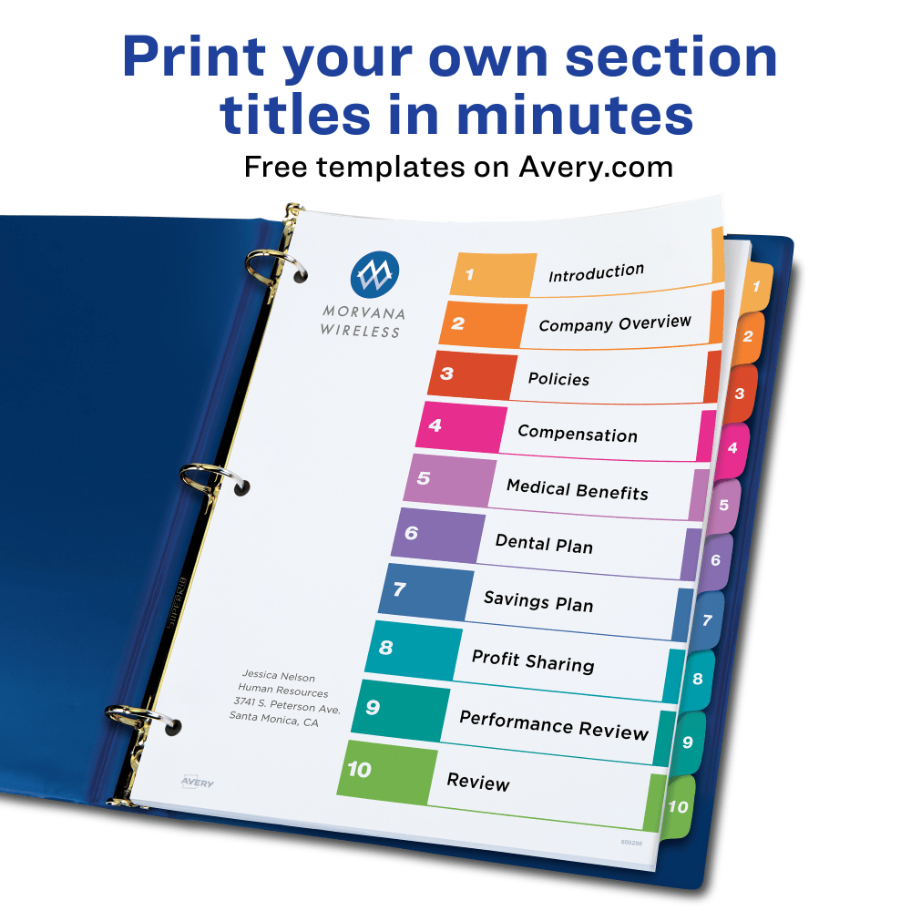 Avery Ready Index 1-10 Tab Binder Dividers With Customizable Table Of Contents, 8-1/2in x 11in, 10 Tab, White/Multicolor, 1 Set