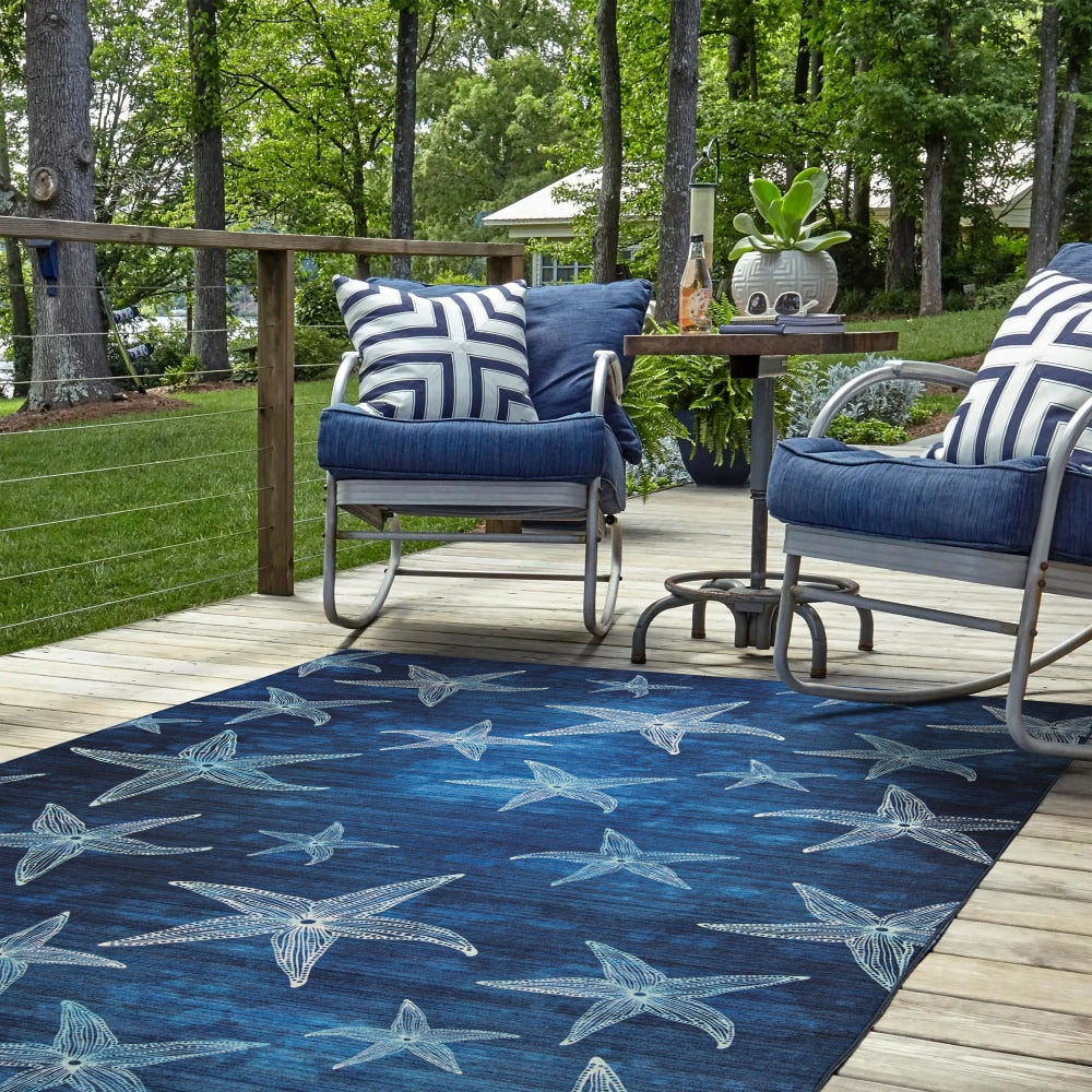 Linon Washable Outdoor Area Rug, Adelia, 5ft x 7ft, Blue/Light Blue