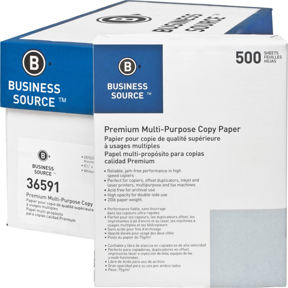 Business Source Premium Printer & Copy Paper, White, Letter (8.5in x 11in), 200000 Sheets Per Pallet, 20 Lb, 92 Brightness, Case Of 10 Reams