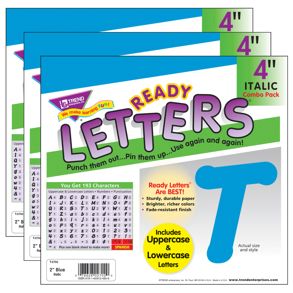 TREND Ready Letters, 4in, Italic Combo, Blue, Set Of 3 Packs