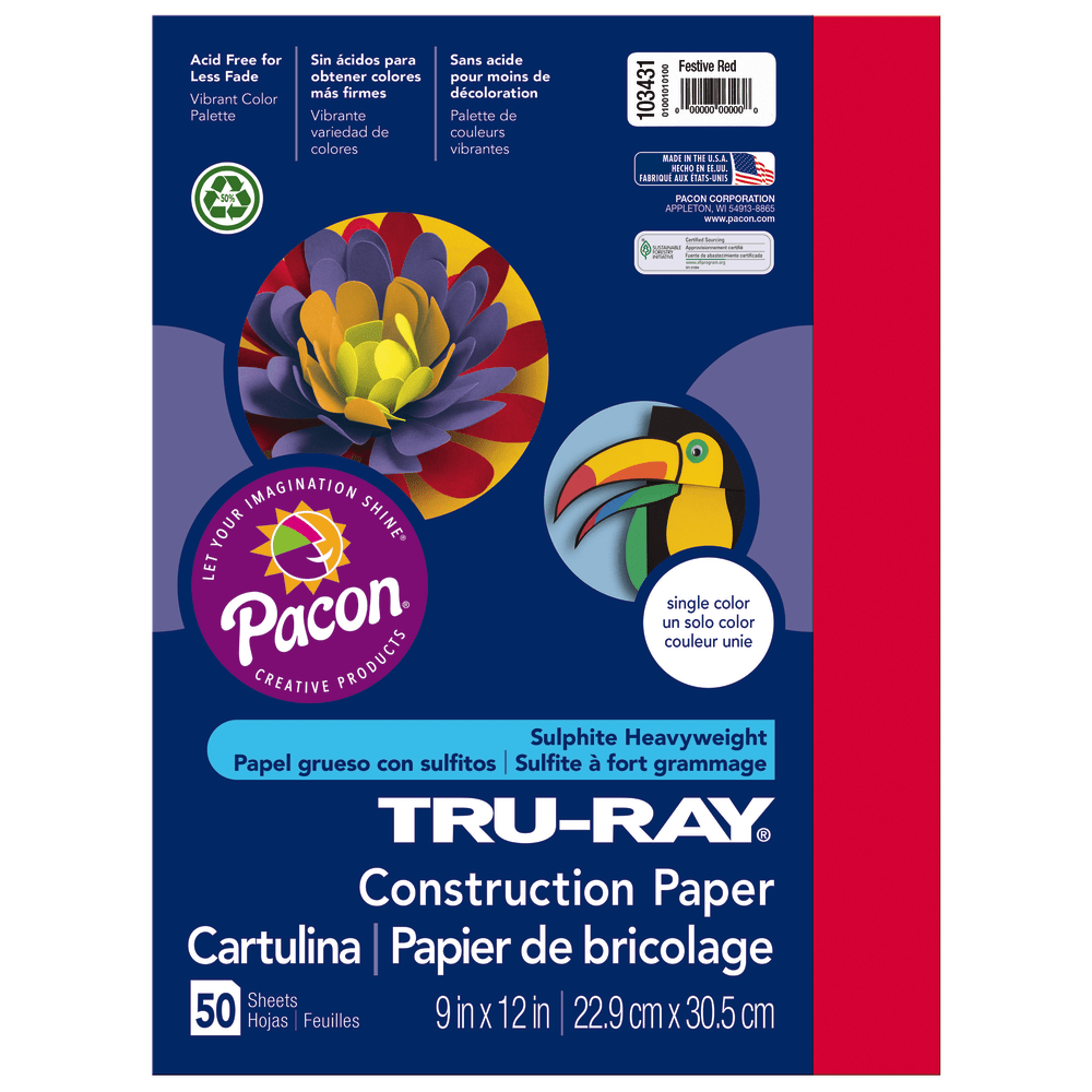 Tru-Ray Construction Paper, 50% Recycled, 9in x 12in, Festive Red, Pack Of 50