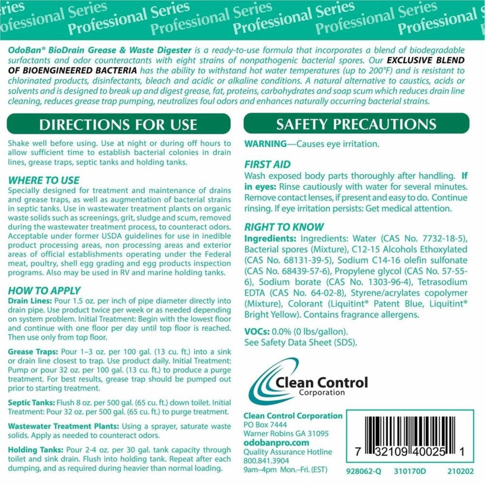 OdoBan BioDrain Grease/Waste Digester - Ready-To-Use - 32 fl oz (1 quart) - 12 / Carton