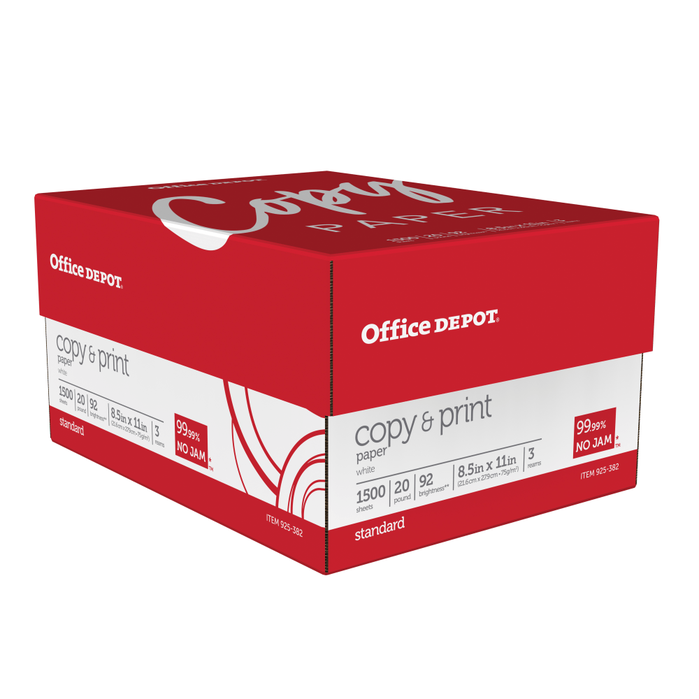 Office Depot Multi-Use Printer & Copy Paper, White, Letter (8.5in x 11in), 1500 Sheets Per Case, 20 Lb, 92 Brightness, Case Of 3 Reams