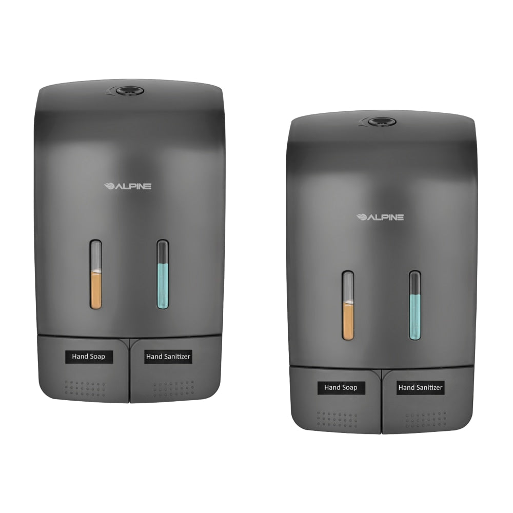 Alpine Wall-Mounted Dual Soap/Hand Sanitizer Dispensers, 9-13/16inH x 5-3/4inW x 3-3/4inD, Gray, Pack Of 2 Dispensers