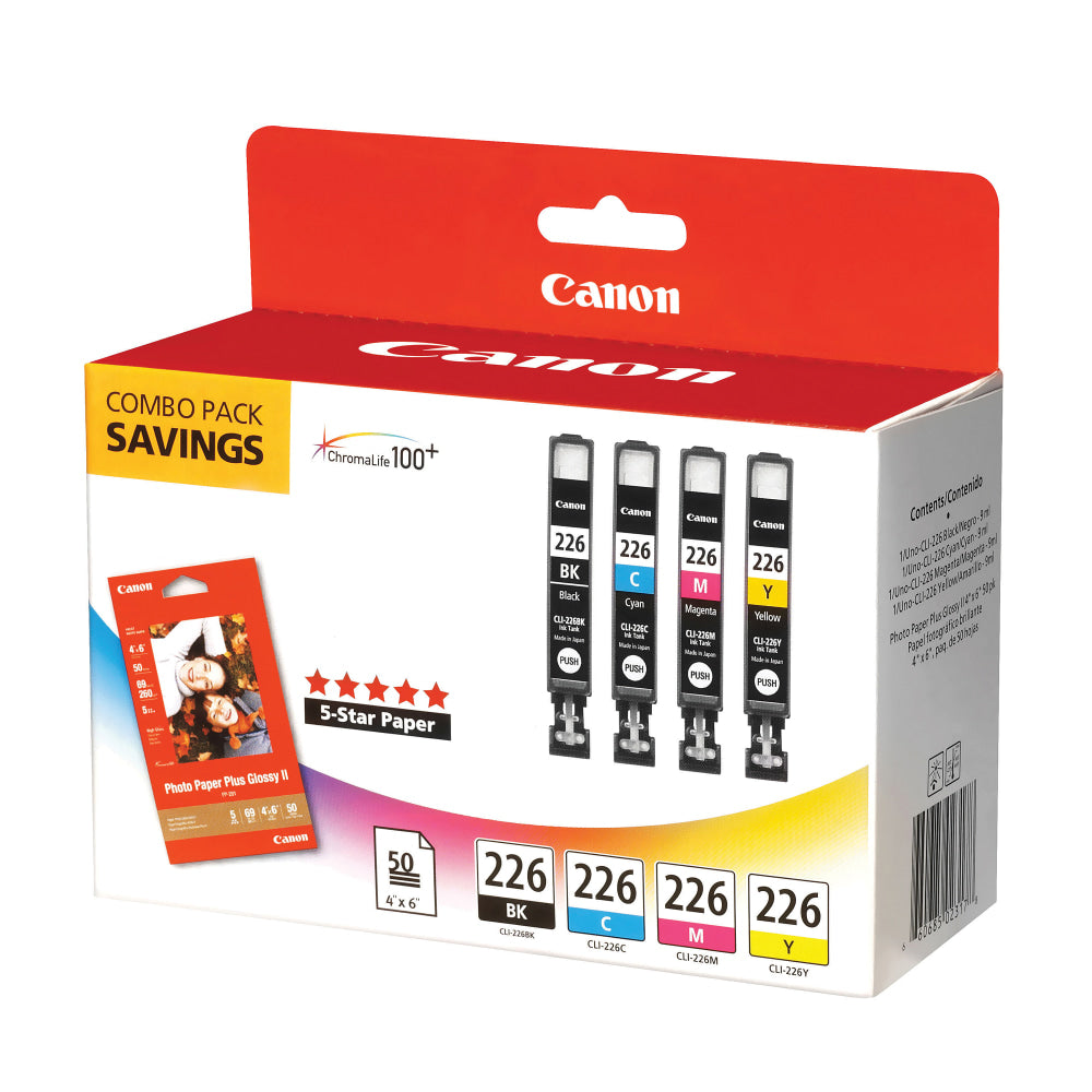 Canon CLI-226 ChromaLife 100+ Black And Cyan, Magenta, Yellow Ink Tanks And 50 Sheets Of Paper, Pack Of 4, 4546B007